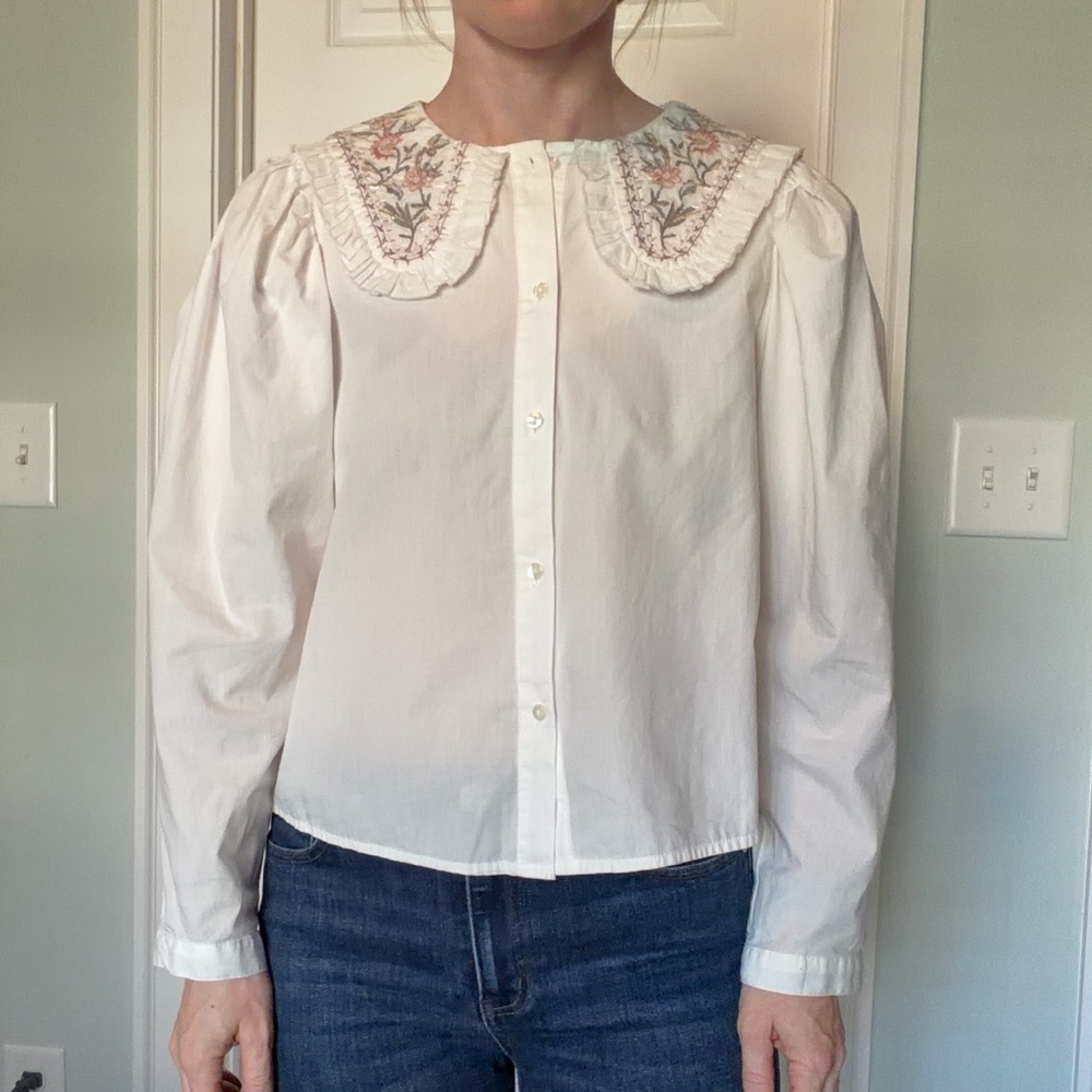 Zara Floral Beaded Collar White Blouse